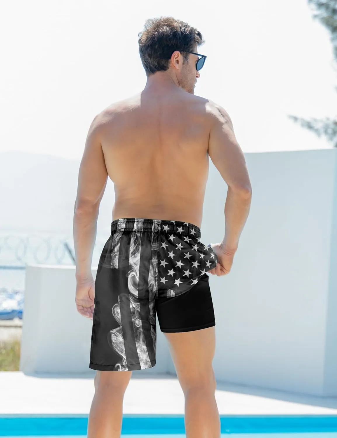 Goodstoworld Men's Funny Swim Trunks with Compression Liner 2 in 1 Quick-Dry 9" Stretch Shorts with Three Pockets