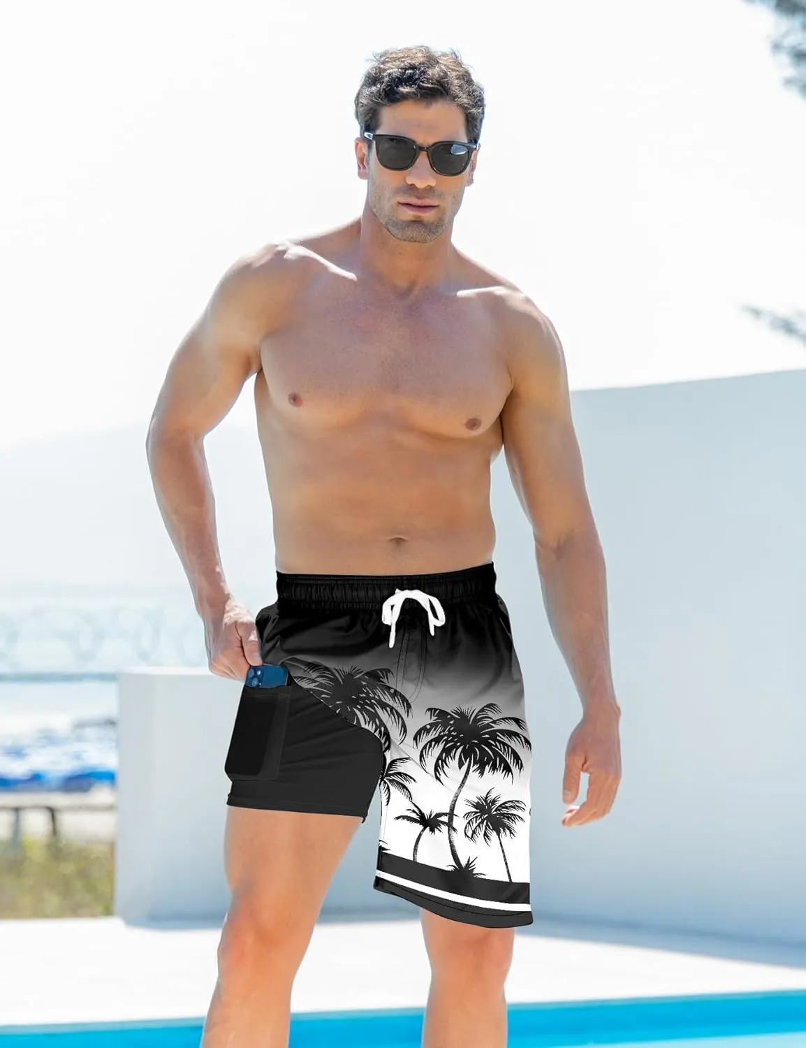 Goodstoworld Men's Funny Swim Trunks with Compression Liner 2 in 1 Quick-Dry 9" Stretch Shorts with Three Pockets