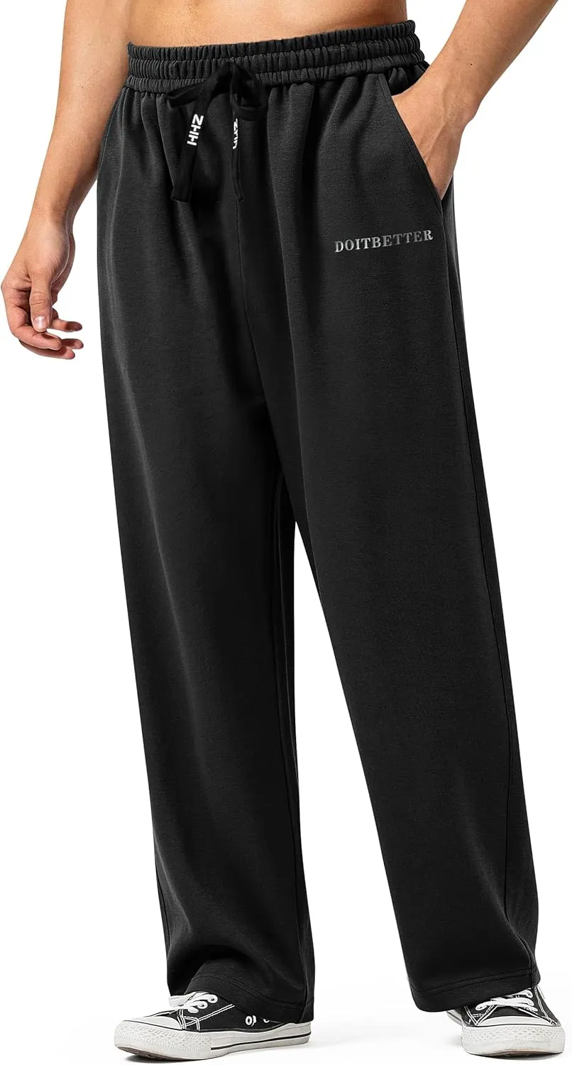 HHZ Men's Cotton Loose Fit Sweapants Baggy Yoga Gym Workout Pants with Pockets Open Bottom Sweatpants Straight Wide Leg