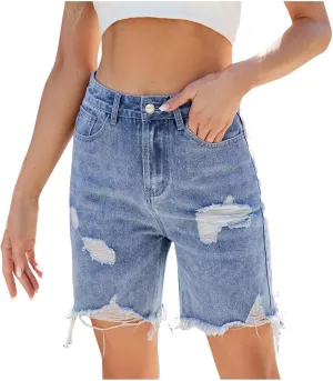 High Waisted Ripped Denim Bermuda Shorts for Women Classic Stretch Shorts with Frayed Hem Casual Summer Jeans Outfits