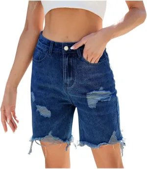 High Waisted Ripped Denim Bermuda Shorts for Women Classic Stretch Shorts with Frayed Hem Casual Summer Jeans Outfits