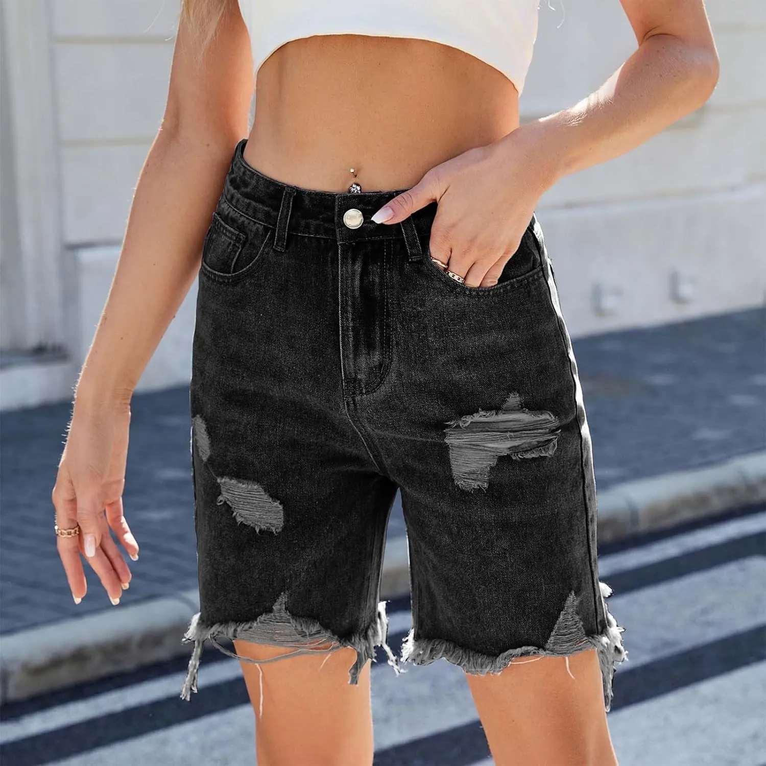 High Waisted Ripped Denim Bermuda Shorts for Women Classic Stretch Shorts with Frayed Hem Casual Summer Jeans Outfits