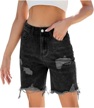 High Waisted Ripped Denim Bermuda Shorts for Women Classic Stretch Shorts with Frayed Hem Casual Summer Jeans Outfits