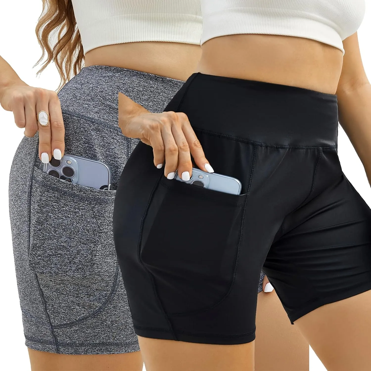 Honwenle Women's Plus Size Yoga Shorts High Waist Biker Workout Athletic Running Tummy Control Stretch Shorts with Pockets