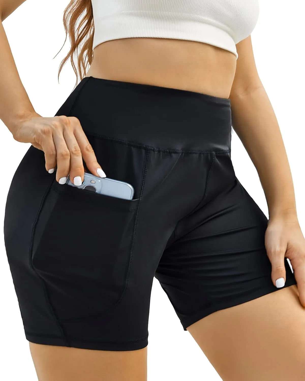Honwenle Women's Plus Size Yoga Shorts High Waist Biker Workout Athletic Running Tummy Control Stretch Shorts with Pockets