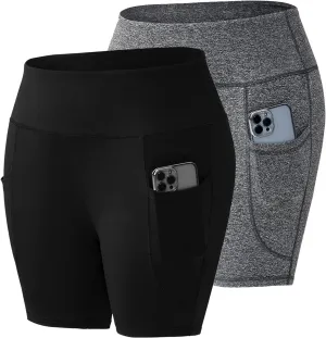 Honwenle Women's Plus Size Yoga Shorts High Waist Biker Workout Athletic Running Tummy Control Stretch Shorts with Pockets