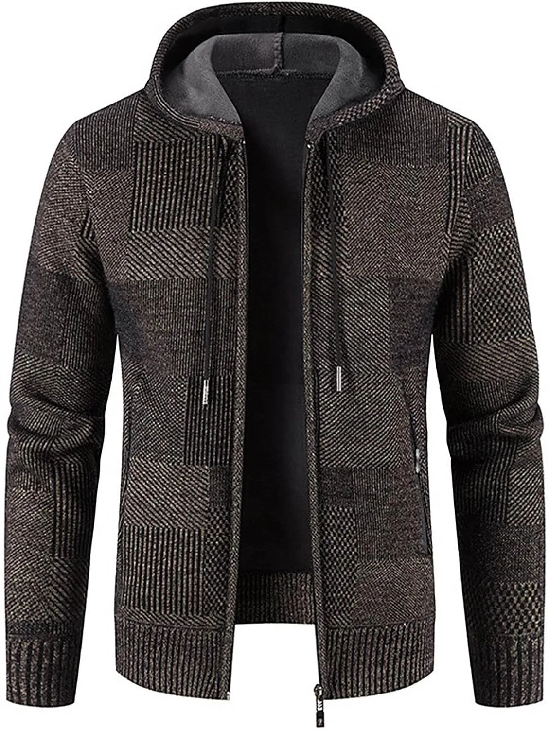 Hooded Fleece Jacket for Men Fashion Autumn Winter Thermal Coats Long Sleeve Slim Fit Sweater Cardigan Jackets