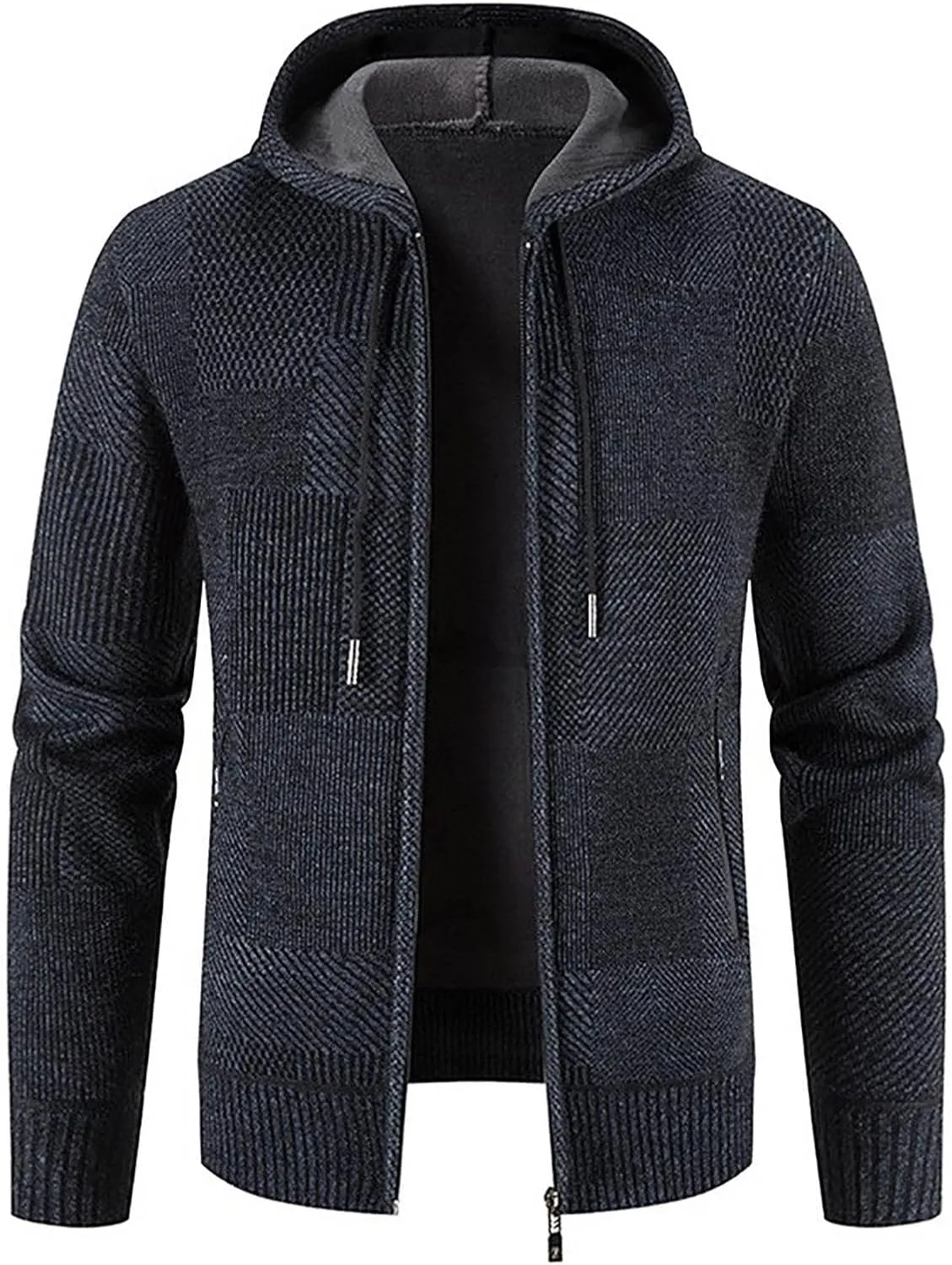 Hooded Fleece Jacket for Men Fashion Autumn Winter Thermal Coats Long Sleeve Slim Fit Sweater Cardigan Jackets