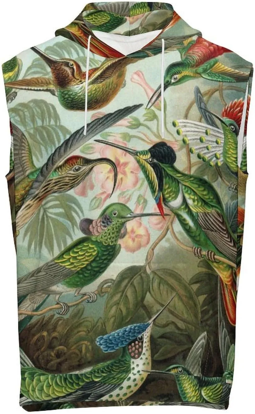 Hummingbird Pattern4 Men's Workout Tank Tops Sleeveless Running Shirts With Hoodie Workout Hooded