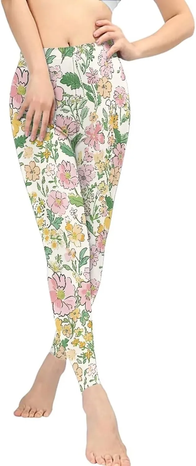Irisjudy Womens Workout Leggings Folk Art Flower Bird Stretch Yoga Pants Blue Palm Tree High Waist Comfy Gym Running Pants