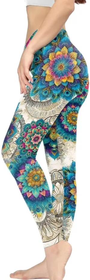 Irisjudy Womens Workout Leggings Folk Art Flower Bird Stretch Yoga Pants Blue Palm Tree High Waist Comfy Gym Running Pants