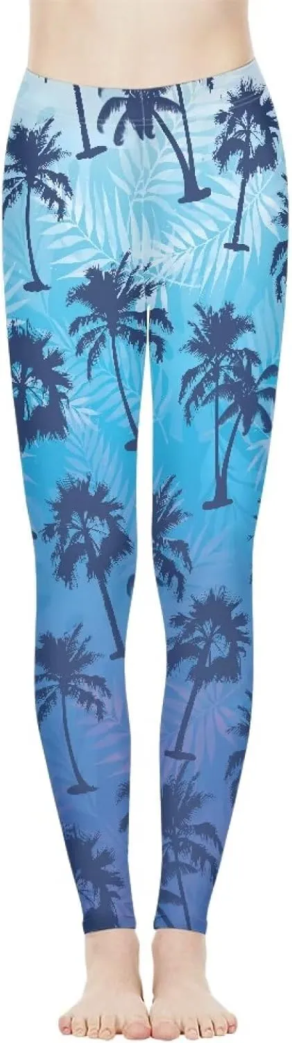 Irisjudy Womens Workout Leggings Folk Art Flower Bird Stretch Yoga Pants Blue Palm Tree High Waist Comfy Gym Running Pants