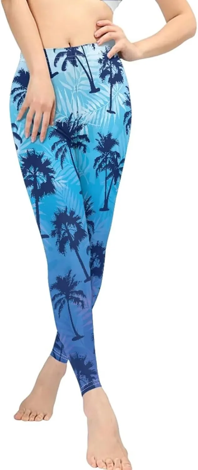 Irisjudy Womens Workout Leggings Folk Art Flower Bird Stretch Yoga Pants Blue Palm Tree High Waist Comfy Gym Running Pants