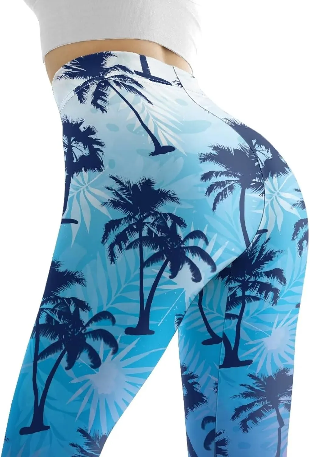Irisjudy Womens Workout Leggings Folk Art Flower Bird Stretch Yoga Pants Blue Palm Tree High Waist Comfy Gym Running Pants