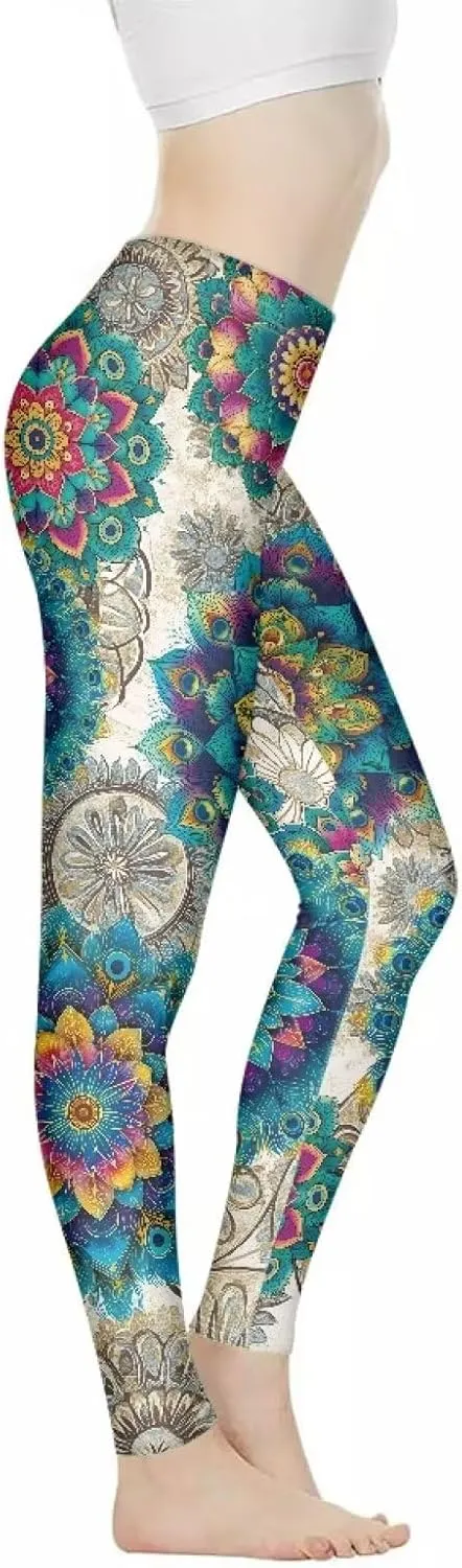 Irisjudy Womens Workout Leggings Folk Art Flower Bird Stretch Yoga Pants Blue Palm Tree High Waist Comfy Gym Running Pants