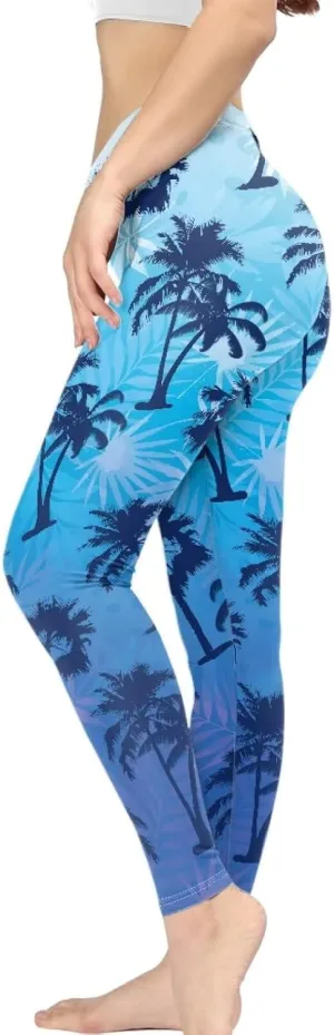 Irisjudy Womens Workout Leggings Folk Art Flower Bird Stretch Yoga Pants Blue Palm Tree High Waist Comfy Gym Running Pants