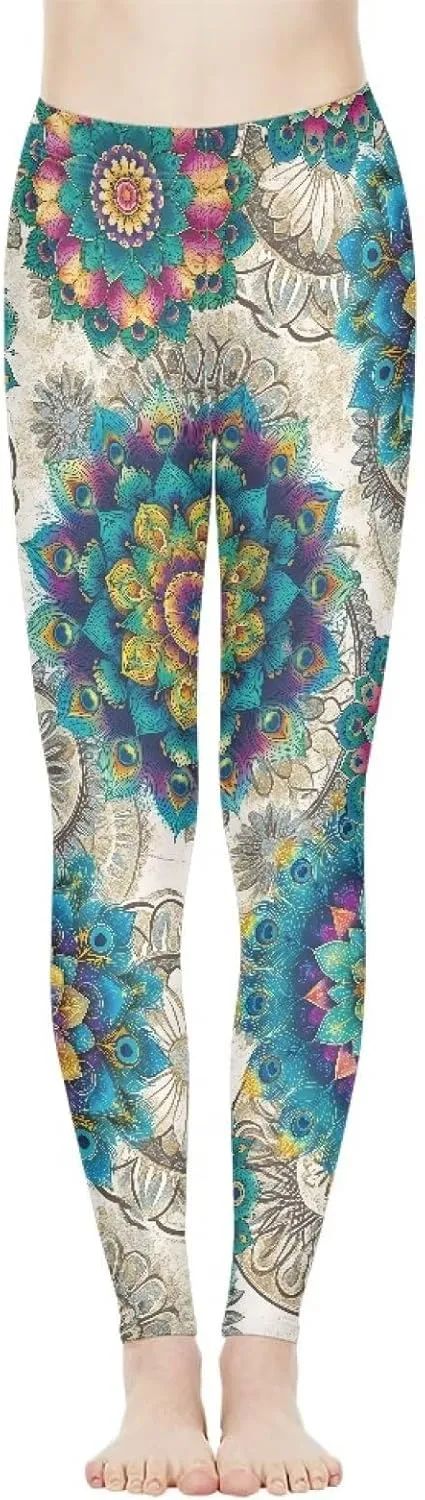Irisjudy Womens Workout Leggings Folk Art Flower Bird Stretch Yoga Pants Blue Palm Tree High Waist Comfy Gym Running Pants