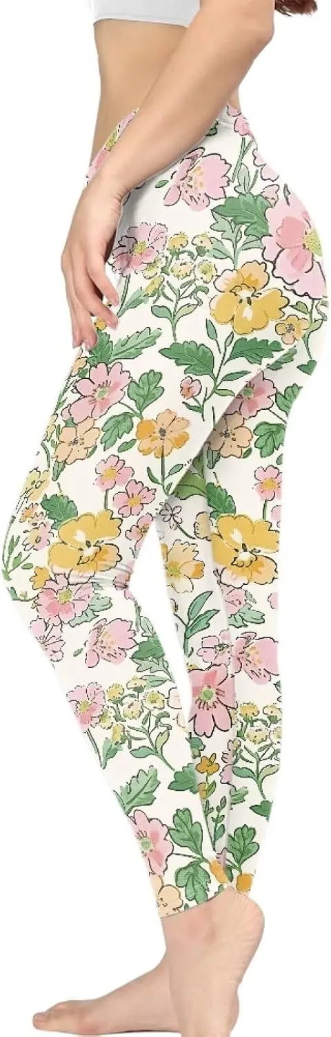 Irisjudy Womens Workout Leggings Folk Art Flower Bird Stretch Yoga Pants Blue Palm Tree High Waist Comfy Gym Running Pants