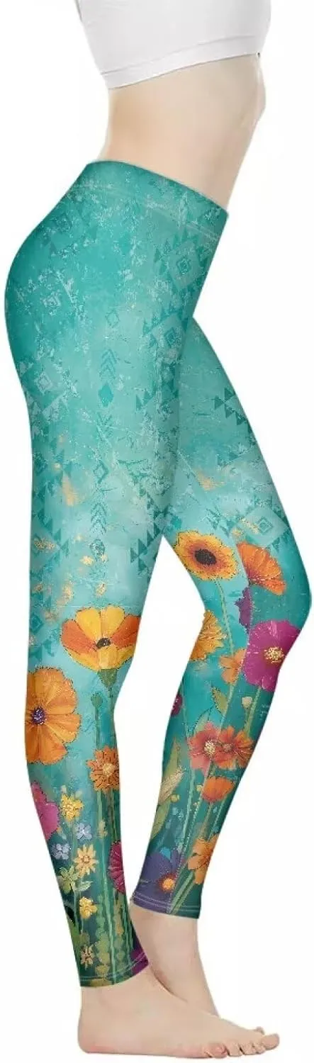 Irisjudy Womens Workout Leggings Folk Art Flower Bird Stretch Yoga Pants Blue Palm Tree High Waist Comfy Gym Running Pants