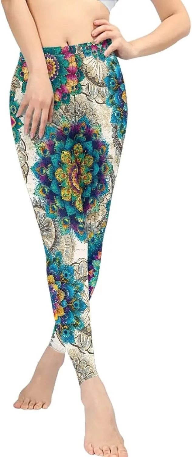 Irisjudy Womens Workout Leggings Folk Art Flower Bird Stretch Yoga Pants Blue Palm Tree High Waist Comfy Gym Running Pants
