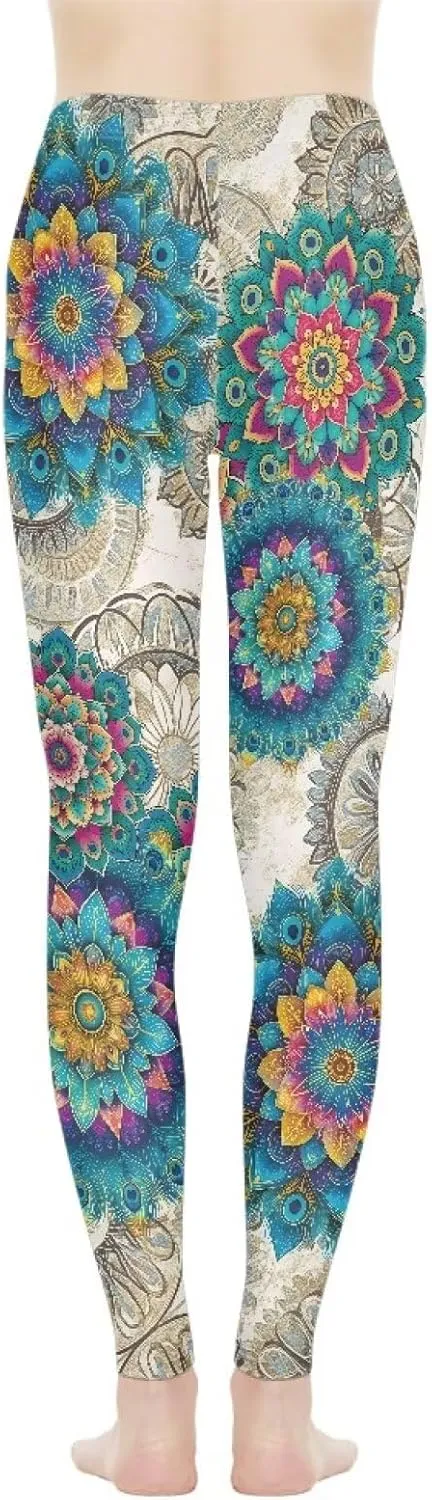 Irisjudy Womens Workout Leggings Folk Art Flower Bird Stretch Yoga Pants Blue Palm Tree High Waist Comfy Gym Running Pants