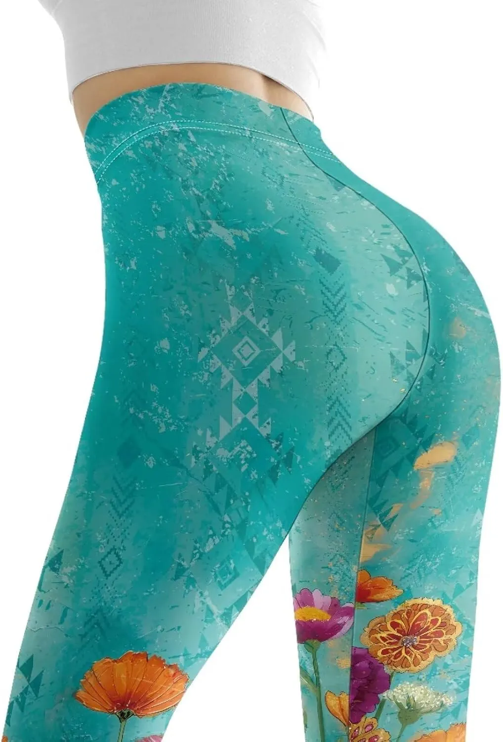 Irisjudy Womens Workout Leggings Folk Art Flower Bird Stretch Yoga Pants Blue Palm Tree High Waist Comfy Gym Running Pants