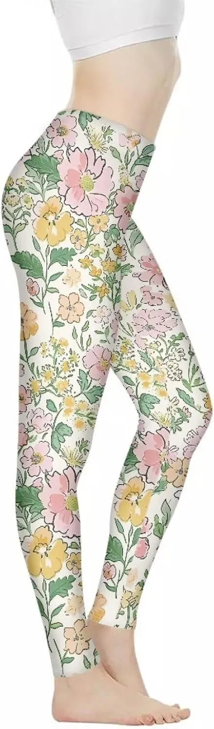 Irisjudy Womens Workout Leggings Folk Art Flower Bird Stretch Yoga Pants Blue Palm Tree High Waist Comfy Gym Running Pants