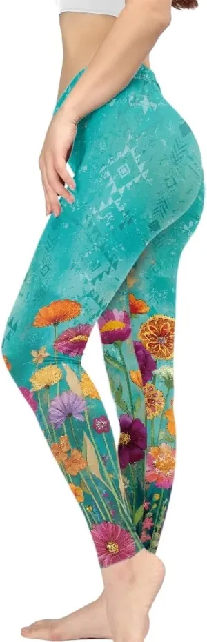 Irisjudy Womens Workout Leggings Folk Art Flower Bird Stretch Yoga Pants Blue Palm Tree High Waist Comfy Gym Running Pants