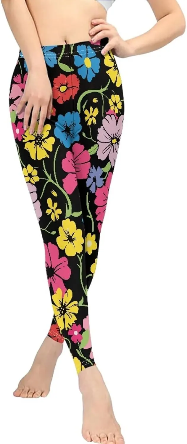 Irisjudy Womens Workout Leggings Folk Art Flower Bird Stretch Yoga Pants Blue Palm Tree High Waist Comfy Gym Running Pants