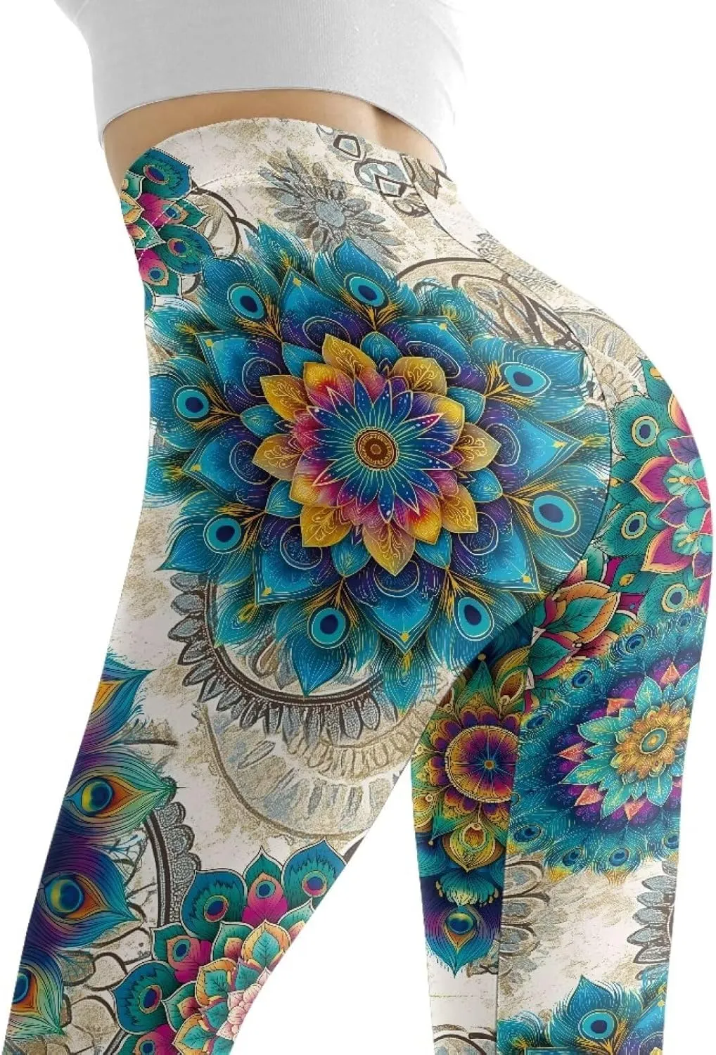 Irisjudy Womens Workout Leggings Folk Art Flower Bird Stretch Yoga Pants Blue Palm Tree High Waist Comfy Gym Running Pants