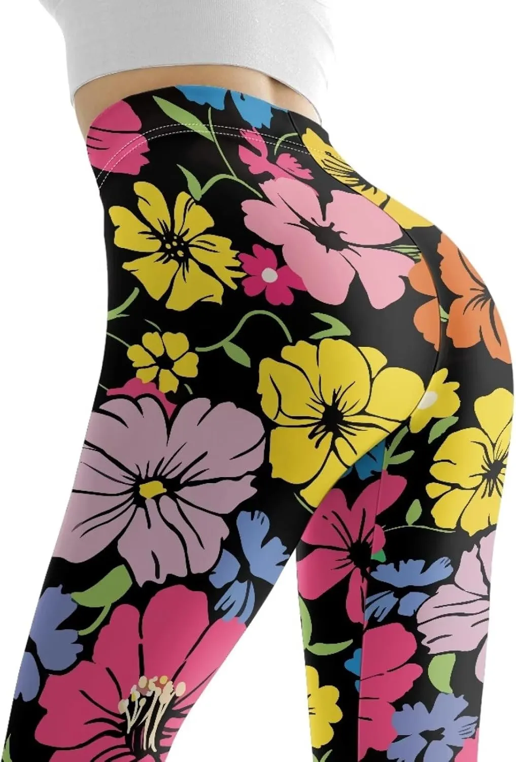 Irisjudy Womens Workout Leggings Folk Art Flower Bird Stretch Yoga Pants Blue Palm Tree High Waist Comfy Gym Running Pants