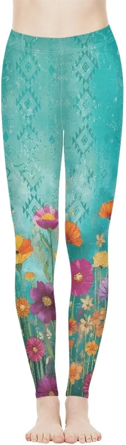 Irisjudy Womens Workout Leggings Folk Art Flower Bird Stretch Yoga Pants Blue Palm Tree High Waist Comfy Gym Running Pants