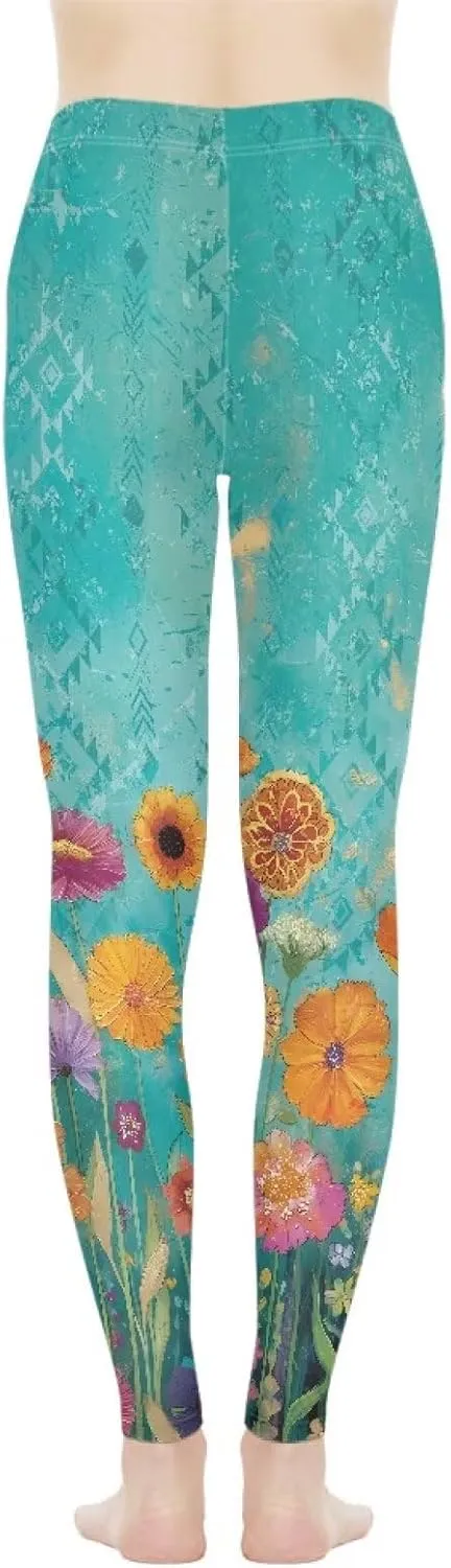 Irisjudy Womens Workout Leggings Folk Art Flower Bird Stretch Yoga Pants Blue Palm Tree High Waist Comfy Gym Running Pants