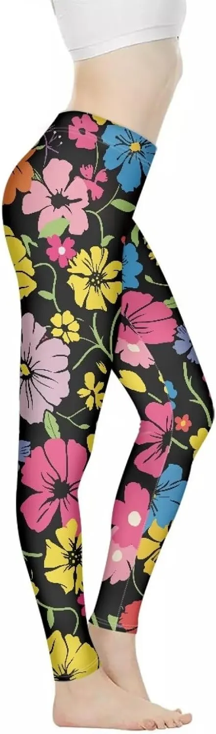 Irisjudy Womens Workout Leggings Folk Art Flower Bird Stretch Yoga Pants Blue Palm Tree High Waist Comfy Gym Running Pants