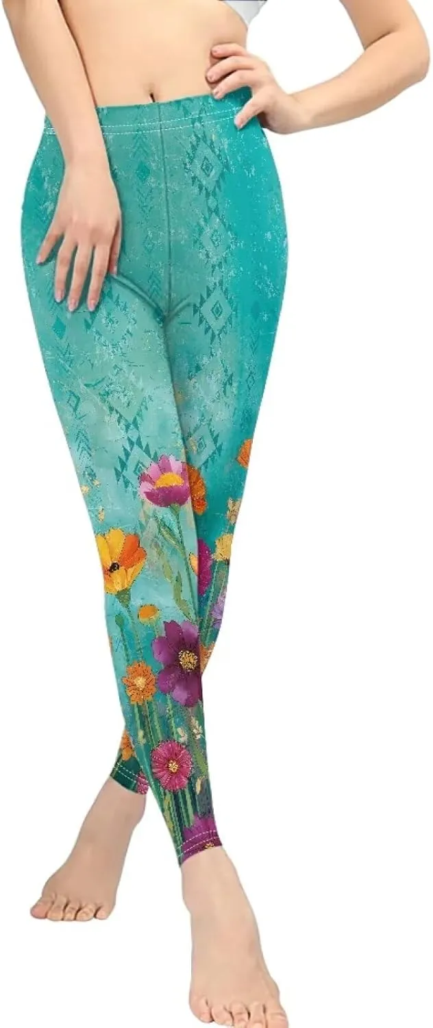Irisjudy Womens Workout Leggings Folk Art Flower Bird Stretch Yoga Pants Blue Palm Tree High Waist Comfy Gym Running Pants