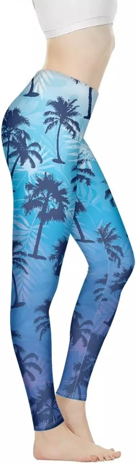 Irisjudy Womens Workout Leggings Folk Art Flower Bird Stretch Yoga Pants Blue Palm Tree High Waist Comfy Gym Running Pants