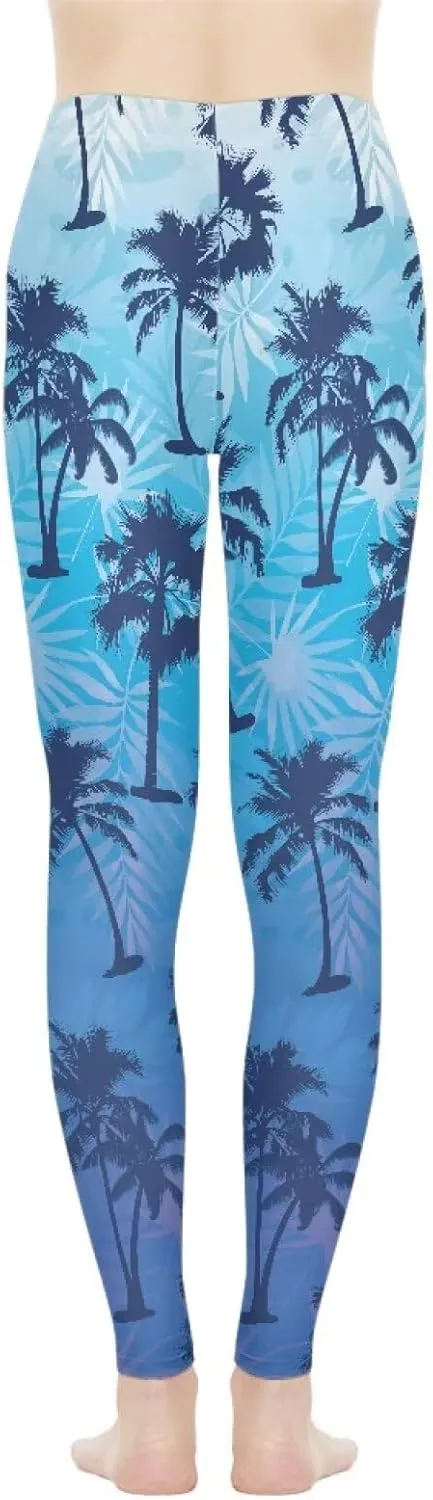 Irisjudy Womens Workout Leggings Folk Art Flower Bird Stretch Yoga Pants Blue Palm Tree High Waist Comfy Gym Running Pants