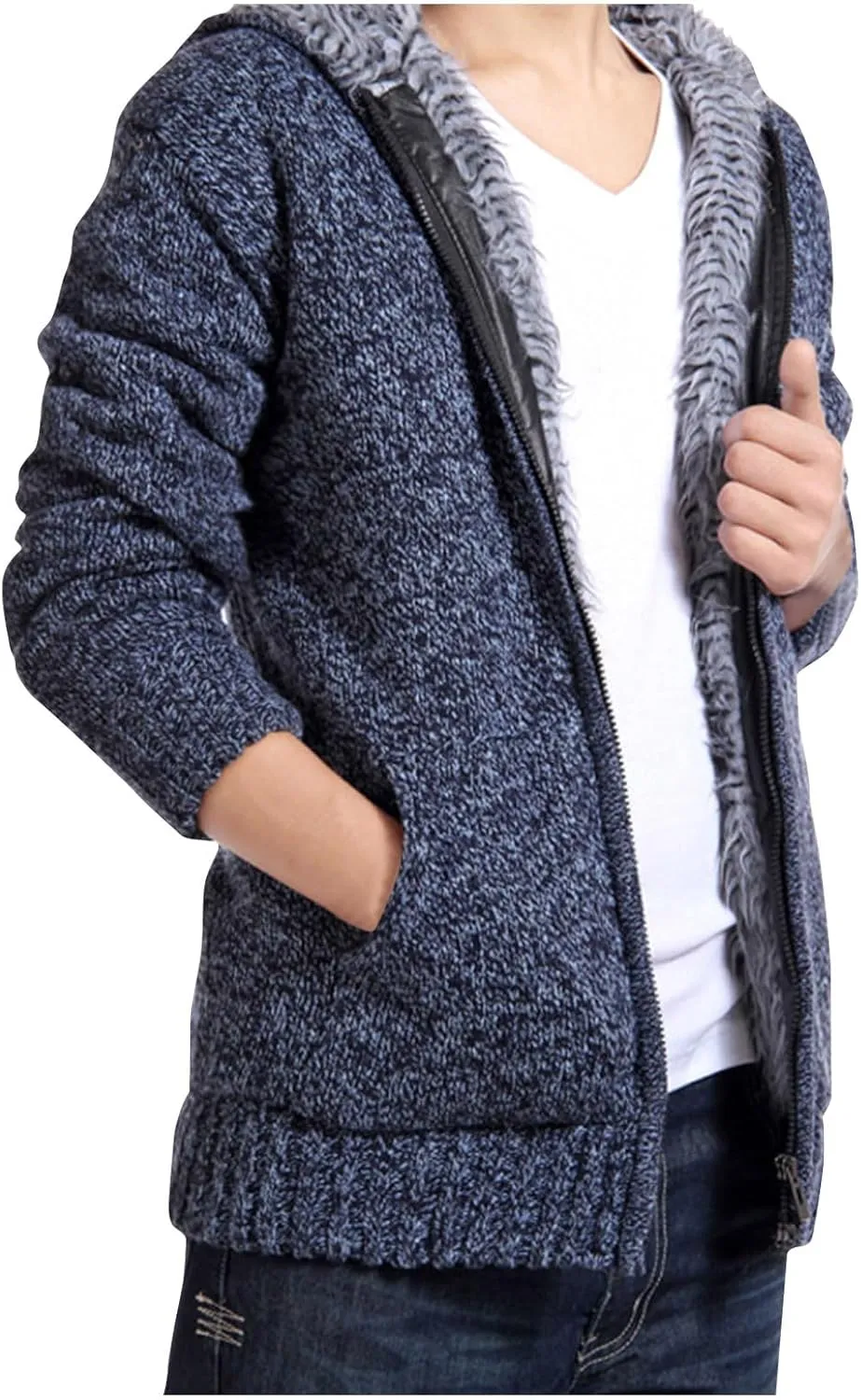 Knitted Coats for Men Casual Long Sleeve Full Zip up Hoodie Plush Jacket Fall Winter Thickened Sherpa Coat Outerwear