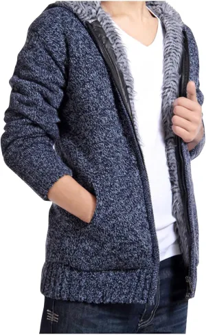 Knitted Coats for Men Casual Long Sleeve Full Zip up Hoodie Plush Jacket Fall Winter Thickened Sherpa Coat Outerwear