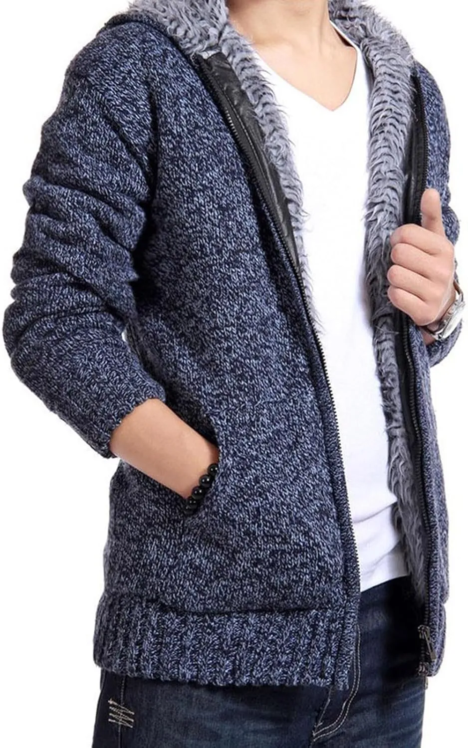 Knitted Coats for Men Casual Long Sleeve Full Zip up Hoodie Plush Jacket Fall Winter Thickened Sherpa Coat Outerwear