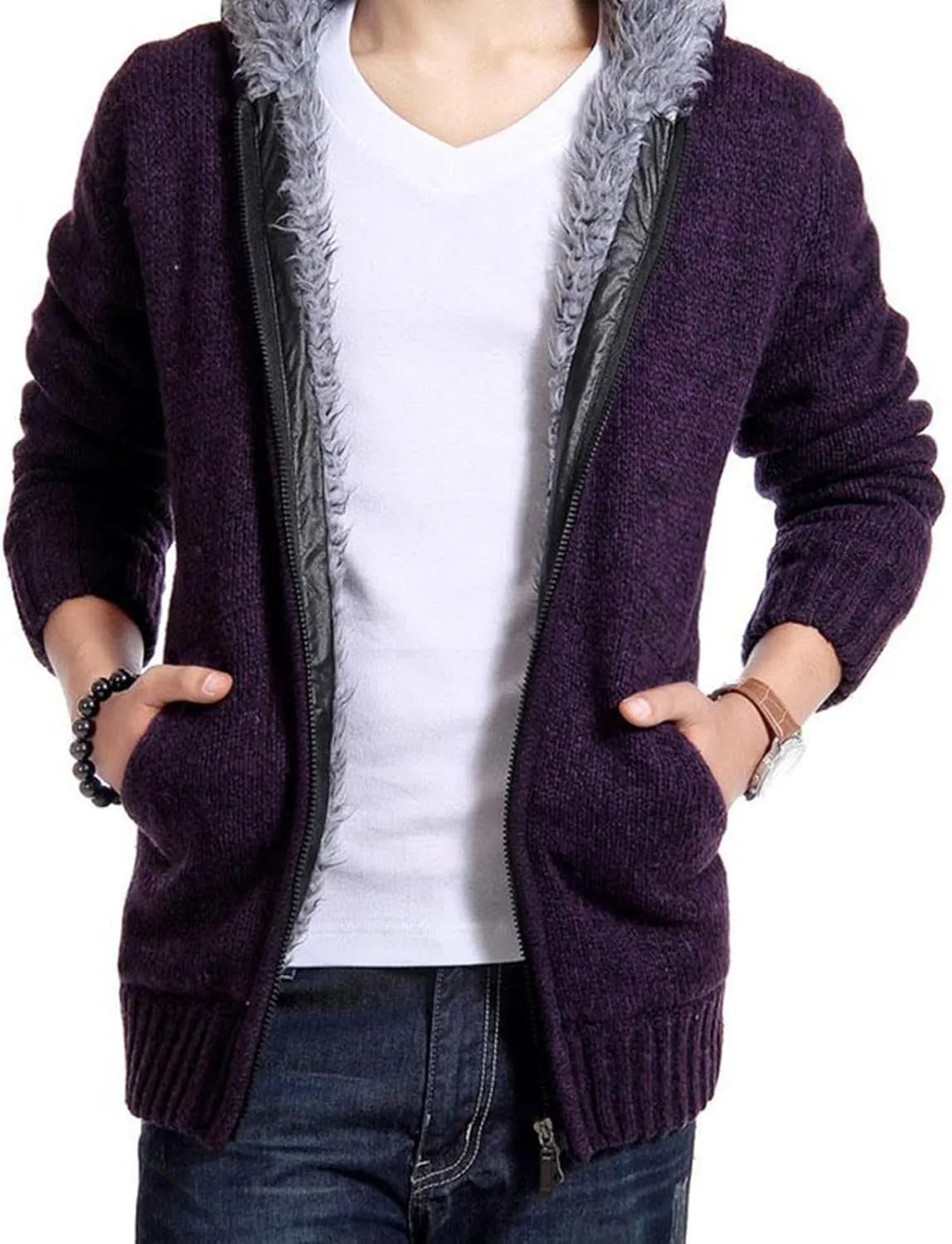 Knitted Coats for Men Casual Long Sleeve Full Zip up Hoodie Plush Jacket Fall Winter Thickened Sherpa Coat Outerwear