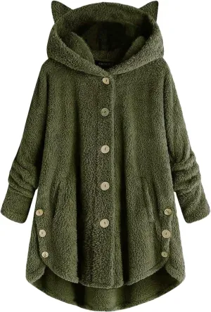 Lapel Button Down Pockets Solid Plush Front Open Hooded Cardigan Jacket Jacket With Pockets With Pockets Coats