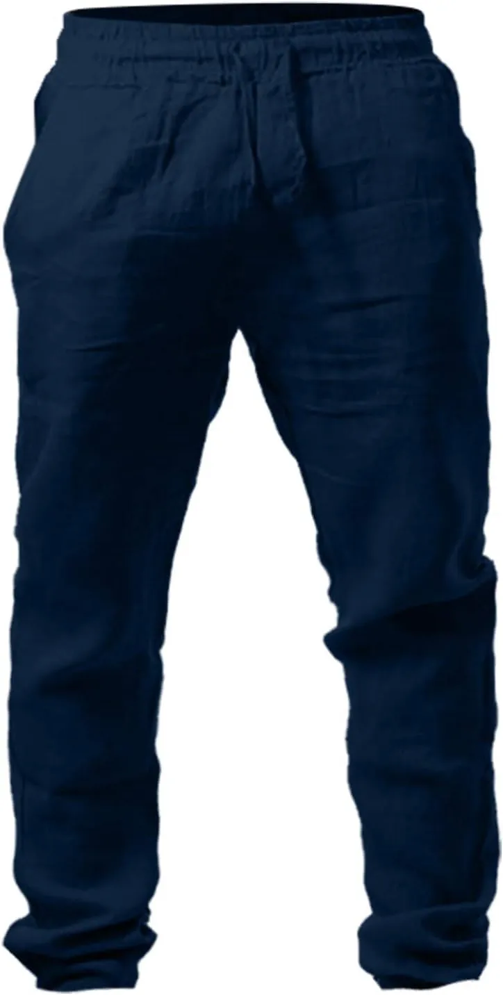 Linen Pants Men Casual Elastic Waist Pants Lightweight Summer Beach Pants Drawstring Trousers Lounge Yoga Pants
