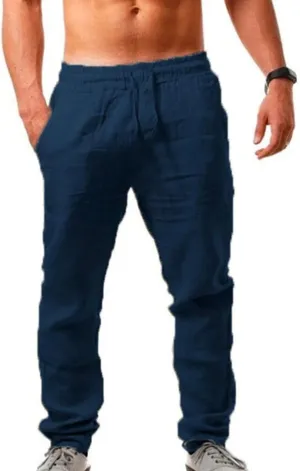 Linen Pants Men Casual Elastic Waist Pants Lightweight Summer Beach Pants Drawstring Trousers Lounge Yoga Pants