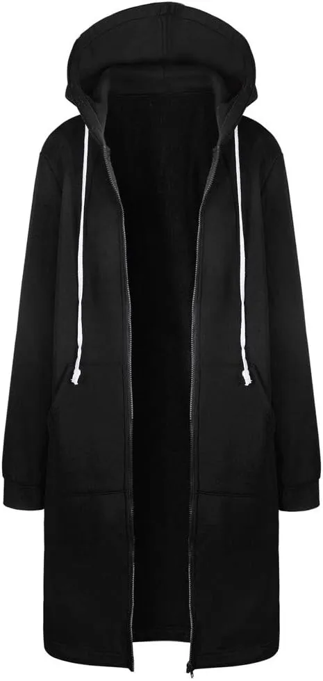 Long Hoodie for Women Zip Up Drawstring Fleece Warm Oversized Sweatshirt Jackets Fall Winter Open Front Cardigan Coat