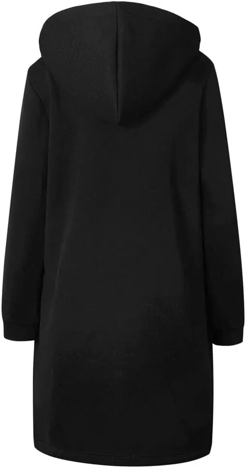 Long Hoodie for Women Zip Up Drawstring Fleece Warm Oversized Sweatshirt Jackets Fall Winter Open Front Cardigan Coat