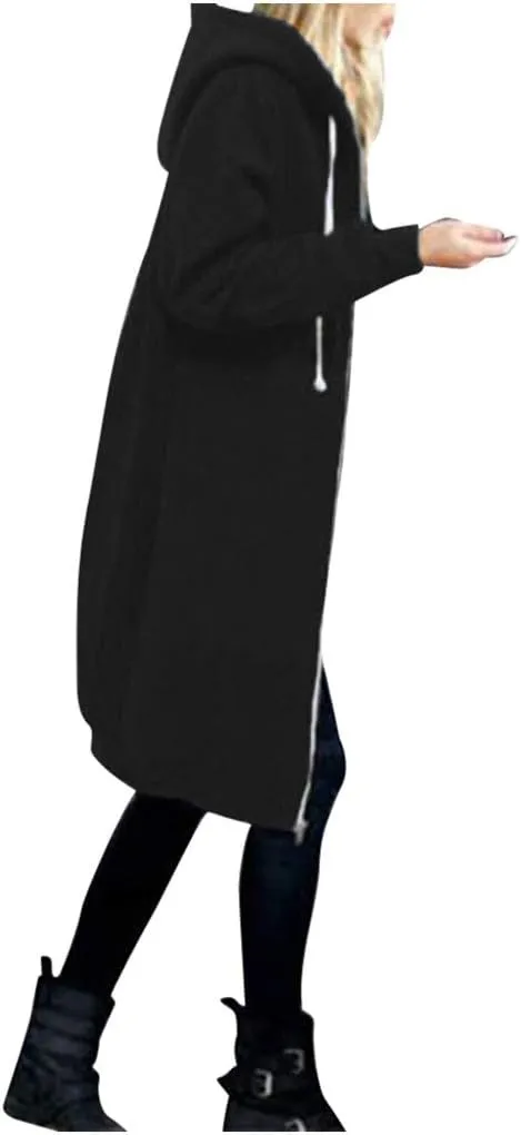 Long Hoodie for Women Zip Up Drawstring Fleece Warm Oversized Sweatshirt Jackets Fall Winter Open Front Cardigan Coat
