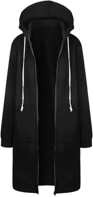 Long Hoodie for Women Zip Up Drawstring Fleece Warm Oversized Sweatshirt Jackets Fall Winter Open Front Cardigan Coat