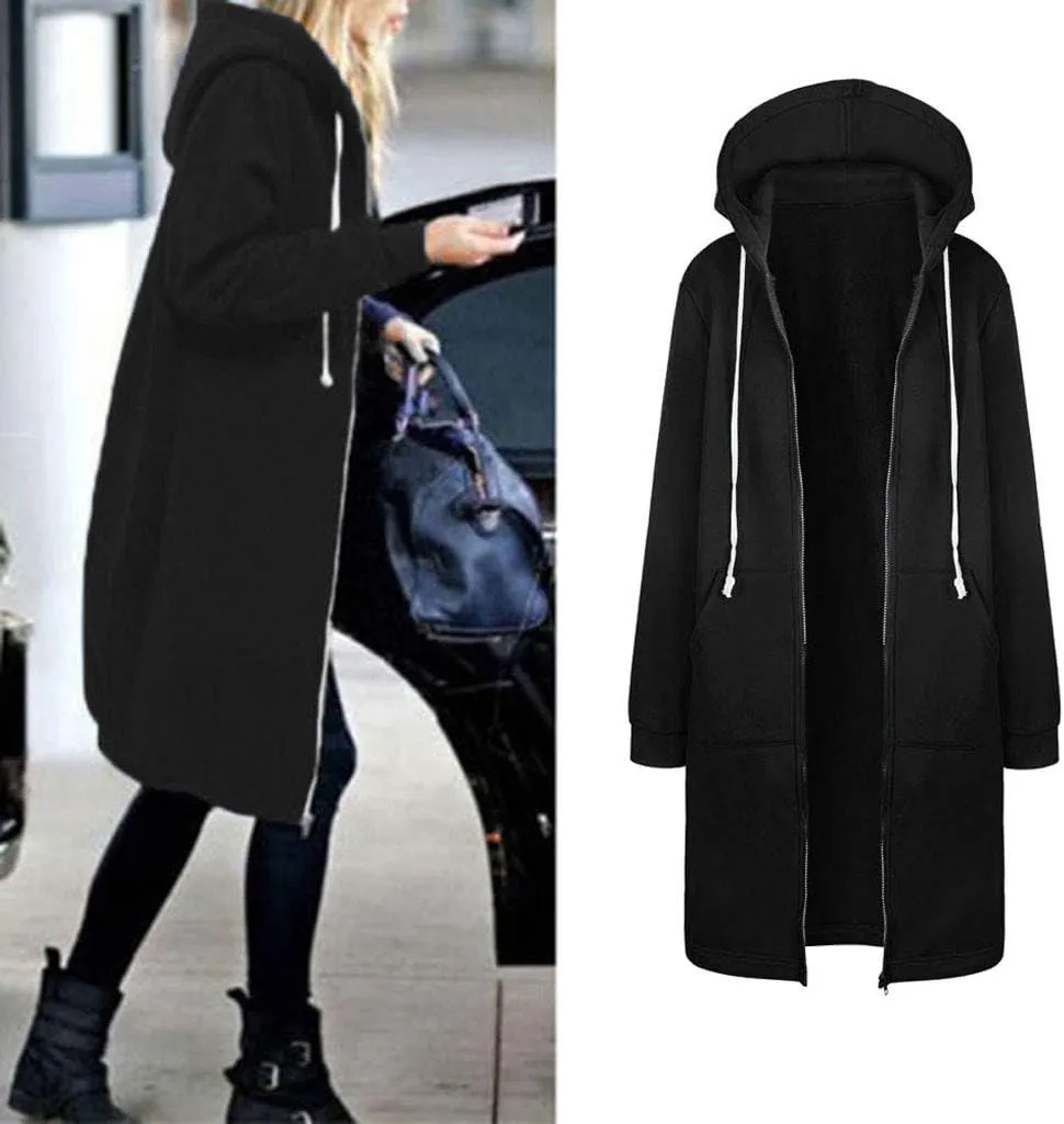 Long Hoodie for Women Zip Up Drawstring Fleece Warm Oversized Sweatshirt Jackets Fall Winter Open Front Cardigan Coat