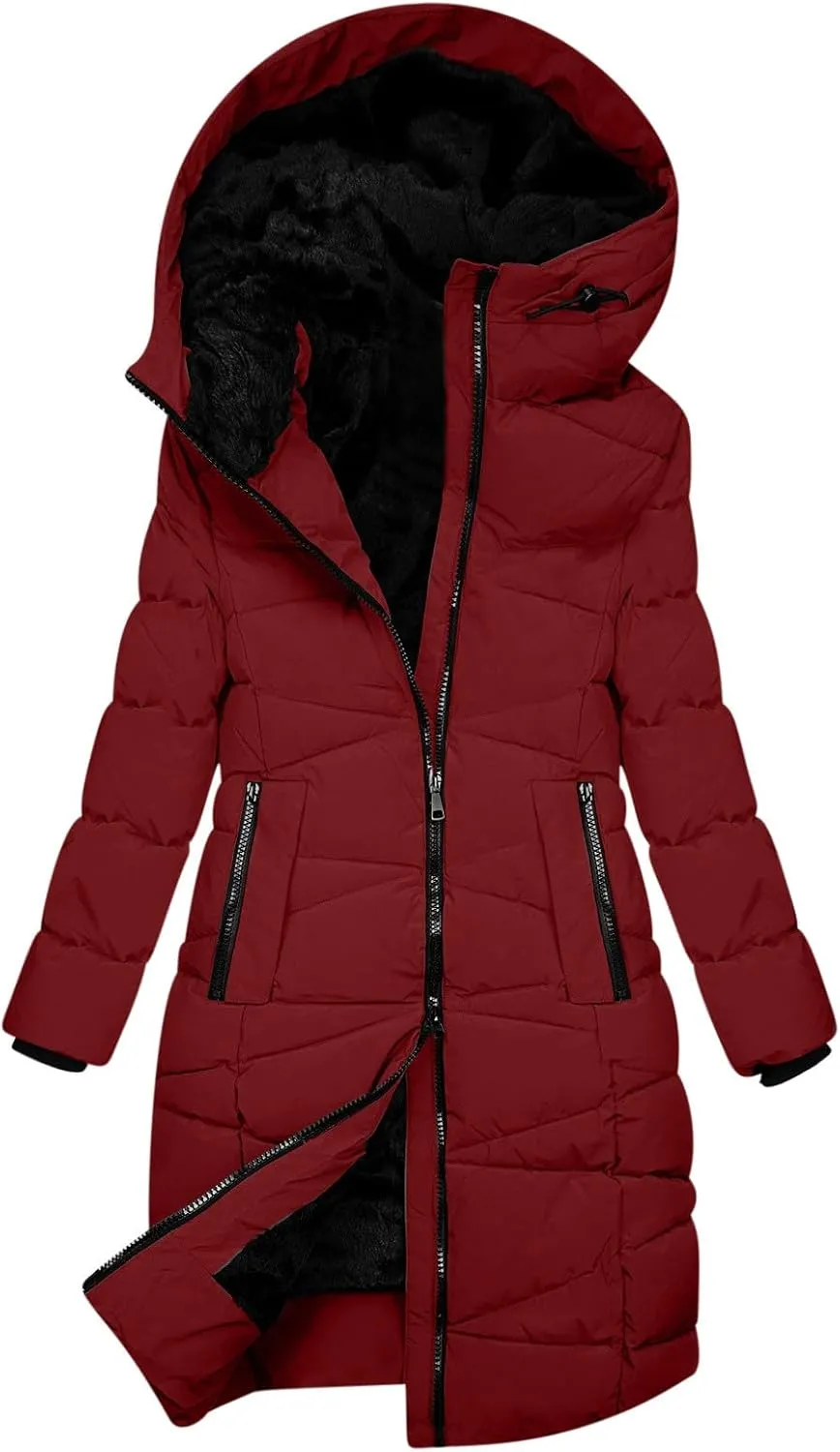 Long Puffer Jacket for Women Fleece Lined Down Coat Winter Heavyweight Overcoats Thicken Warm Down Jackets with Hood